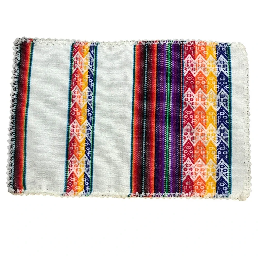 Handwoven Peruvian Textile Placemat Rainbow Geometric Stripe Crochet Trim 16x11